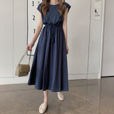 Korean Chic Art Retro Can Be Receded Waist Tether Loose Large Cotton Dress 11 Colors