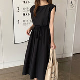 Korean Chic Art Retro Can Be Receded Waist Tether Loose Large Cotton Dress 11 Colors