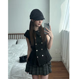 Korean Chic Summer New Retro Girl Polo Collar Double Buckle Waist Thin Short-Sleeved Shirt Top