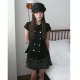 Korean Chic Summer New Retro Girl Polo Collar Double Buckle Waist Thin Short-Sleeved Shirt Top