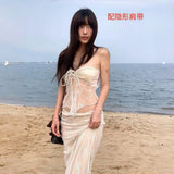 Thailand's New 2026 Island Holiday Photo Sexy Lace Breast Thoracic Skirt Three-Piece Swimsuit