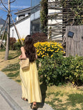 French Fashion Seaside Holiday Yellow Sling Dress Women Summer Loose Casual Beach Dress Fairy