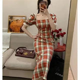 Vintage Lattice Red Dress New Square Collar Bubble Sleeve French Mid-Sleeve Long Skirt