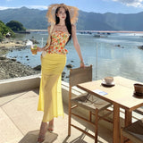 Yellow Out-To-Shoulder Short-Term Waist-To-Corset Blouse Half-Dressed Two Sets Of Summer Hot Girls Giant Good-Looking Suit
