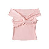 Spice Girls Folded Knot Stacked Short-Sleeved T-Shirt Chic One-Word Shoulder Pure Desire To Design The Body Of The Woman