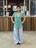 Korean Temperament Sweet Sister Style V Collar Short Sleeves Waist Top Summer New Thin Niche Outside Wearing A Solid Color T-Shirt