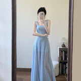 French Blue Tie Sling Dress Women's Summer Seaside Holiday Temperament High-End Feeling Waist Show Thin Pggy Long Skirt