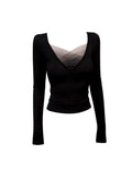 Autumn And Winter New Niche Design Han Spice Girls V-Neck Mesh Splicing Long-Sleeved Top Women To Collect Waist Thin Bottom T-Shirt