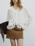 Romantic/French Silk Lotus Edge V-Neck Heavy Industry Lace Elegant Relaxation Long-Sleeved Shirt