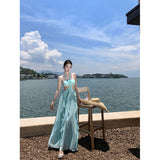 2025 Sensing Elf Girl Sexy Bare-Rise Flower Decoration Bare Back Leaves Side Design Hanging Neck Woman Dress