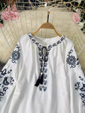 National Style Retro Heavy Industry Embroidery Tiling With Tuxedo Collar Loose Thin Age Bubble Sleeve Tops Women's Holiday Shirt