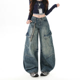 Vintage Autumn And Winter Multi-Bag Rewashing Waterwork Casual Drag Jeans Neutral Style Men And Women