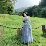Sichuan Xinjiang Original Tourism Wearing Summer Blue To Wipe The Chest Irregular Net Yarn Skirt Suit