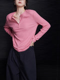 Pink Long-Sleeved Temperament Knitted Shirt T-Shirt Design Small 2025 Early Autumn Bottoming Shirt