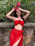Red Three-Dimensional Flower Bikini Three-Piece Swimsuit Woman Hanging Neck Cue Dress Seaside Swimsuit