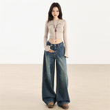 Dark Blue High-Quality Fireworks Pattern White Design Wide-Legged Jeans Women's New 25 Years