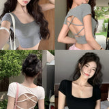 A072# Human Cotton Short-Sleeved T-Shirt With Chest Pads Outside The Back Hollow Care Machine Sexy Back Repair Top
