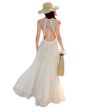 French White Moon Hanging Neck-Lup Dress Sexy Pure Wind White Temperament Atmosphere Holiday Beach Dress