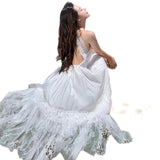 2025 Tour Bohemian Holiday White Lace Splicing Bare Back Dress Holiday Dress