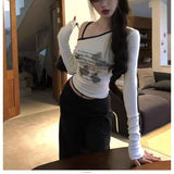 1*1 Threaded Devet Sweet Hottie Sexy Oblique Shoulder-Bottom Shirt Women Chic Short Long-Sleeved T-Shirt Print Top