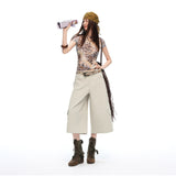 26 Years Of Summer New Water Washing With Pumping Rope Multi-Pocket Work Clothes Seven Points Casual Pants Wide Legs
