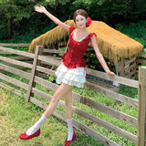 Red Round Collar Small Flying Sleeves Dot Shirt White Lotus Leaf Side Top + High-Waisted Ballet Skirt Skirt Skirt Skirt Skirt