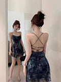 Pure-Want Hottie Cross-Dress Irregular Print Sling Dress Women Summer Wearing Thin Short Skirt