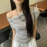Small Temperament Oblique Shoulder Design Feeling Hit The Color Striped T-Shirt Girl Slimming Thin Ins Pure Desire To Unrregular Waist Tops