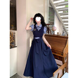 Deep Blue Scale College Style Splicing Two Waist Reduction Temperament Long Dress Early Autumn Polo Collar Skirt