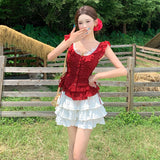 Red Round Collar Small Flying Sleeves Dot Shirt White Lotus Leaf Side Top + High-Waisted Ballet Skirt Skirt Skirt Skirt Skirt