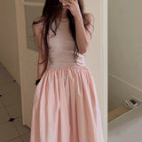 Korean Version Of The Summer Simple Round Collar Show Thin Splicing Folded Elastic Waist Skirt Sleeveless Long Dress 6 Colors