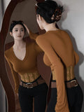 Design Lace Splicing With Long-Sleeved T-Shirt Top Autumn And Winter Unique Hot Girl Curry V Collar Shoulder-Bottomed Shirt Woman