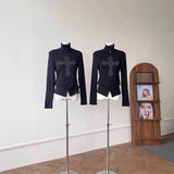 Vintage Elastic Punk Inside The Bottom Shirt High-Necked Hairy Dark-Toned Print Hot Diamond Long-Sleeved T-Shirt For Women Autumn