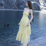 Small-Sized Design High-End Tea Break French Chic Beauty Small Fragrant Wind Seaside Holiday Yellow Hanging Neck Dress