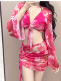 Blue Tie-Dye Four-Piece Swimsuit Women's Net Yarn Long-Sleeved Jersey Sleeves Jersey Bikini Beach Swimsuit