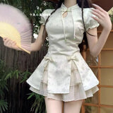 New Chinese Retro Small National Style Design Improved Cheongsam Dress Buckle Bubble Sleeve Half-Sleeve Two Sets