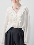 White Shirt Women's New Design In Autumn 2025 Design Sensing French V-Necked Leaf Sided Long Sleeve Blouse