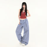 Vintage Niche Design Curved Broad Leg Pants Tidive Casual Free Blue Lattice Tug Trousers Spandex