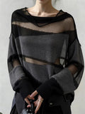 Korean Black Mesh Splicing Hollow Knitted Shirt Women Spring And Autumn Special Design Feeling Lazy Wind Loose Top