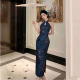 New Chinese Style Elegant Retro Print Open Fork Improved Cheongsam Dress Open Sleeveless Plate Button Dress Woman