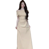 Pure Desire Short Sleeves Inclined Shoulder Open Fork Dress Temperament Slimmed Bodybony Hip Dress Shoulder Wrinkles Niche Design Sense
