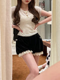 Lace Color Bow Thin Crochet Wool Knitting Top Romantic Style Short Sleeve First Love Spring New