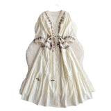 Vintage National Bubble Sleeve V-Neck Dress Women's Summer Embroidery Single-Caught Belt Design Temperament Long Dress