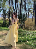 French Fashion Seaside Holiday Yellow Sling Dress Women Summer Loose Casual Beach Dress Fairy