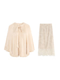 Suspension Wood Tiling Australian Woolen Two-Color Cloak Open Shirt | Lace Skirt | Wool Petals Knitted Skirt