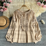 Vintage National Style New Chinese Lantern Sleeve Shirt Women's Summer Loose Thin Tweed Heavy Industry Embroidery Hollow Top