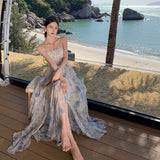 French Blue Broken Flower Hanging Neck Dress Women Summer Niche Design Small Man To Close The Waistless Sleeveless Skirt