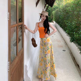 Yunnan Thailand Seaside Wearing A Holiday Suit Female Pure Desire Hottie Sling Vest Top High Waist Broken Flower Skirt