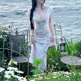 Gentle Trap_New Chinese Retro Dress Girl Early Spring V Lace Ribbon Slicing Noodles Splicing Skirt