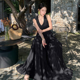 2025 Summer New French High-End Sexy Desex Strap V Tie Hanging Neck Seaside Holiday Big Swing Dress Woman